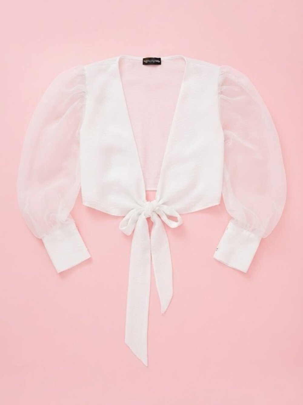 PrettyLittleThing White Sheer Puff Sleeve Tie-Front Crop Blouse